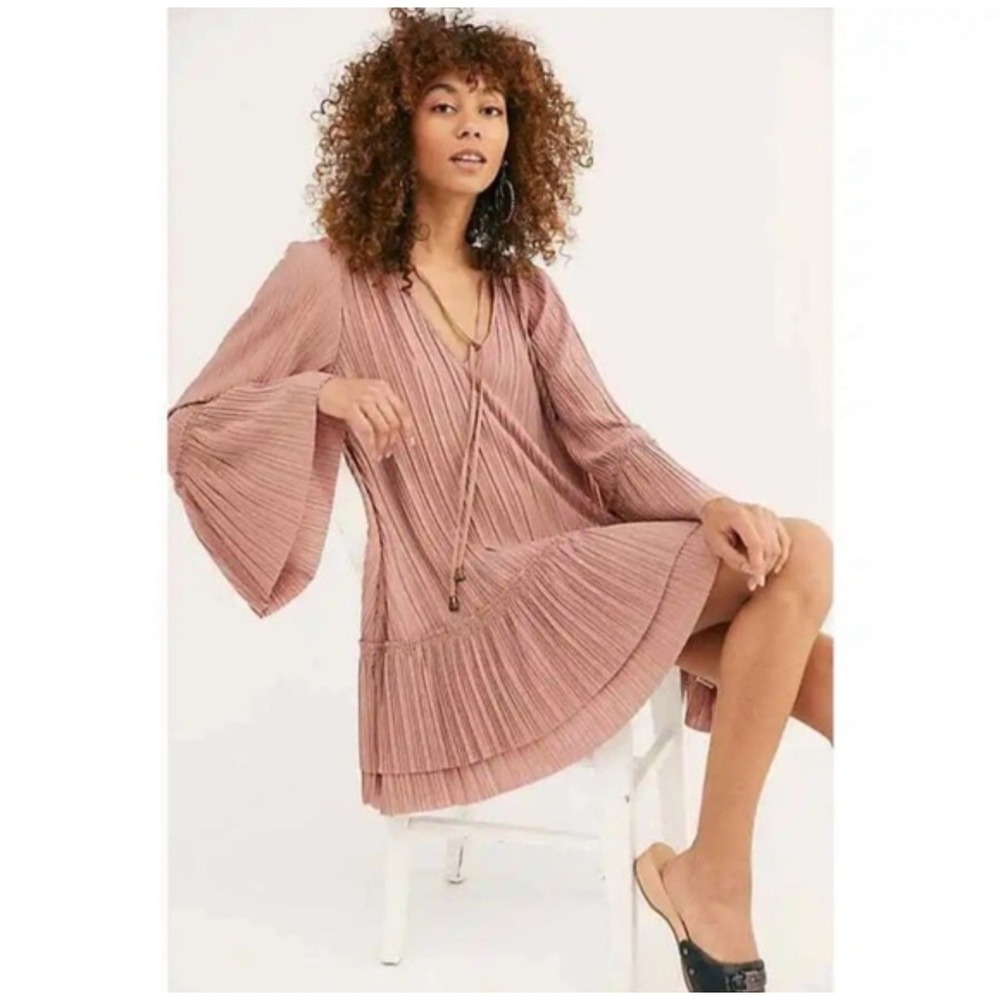 Free People Can't Help It Pleated Swing Dress Size XS Dusty Rose Tassels Flare - Picture 2 of 14